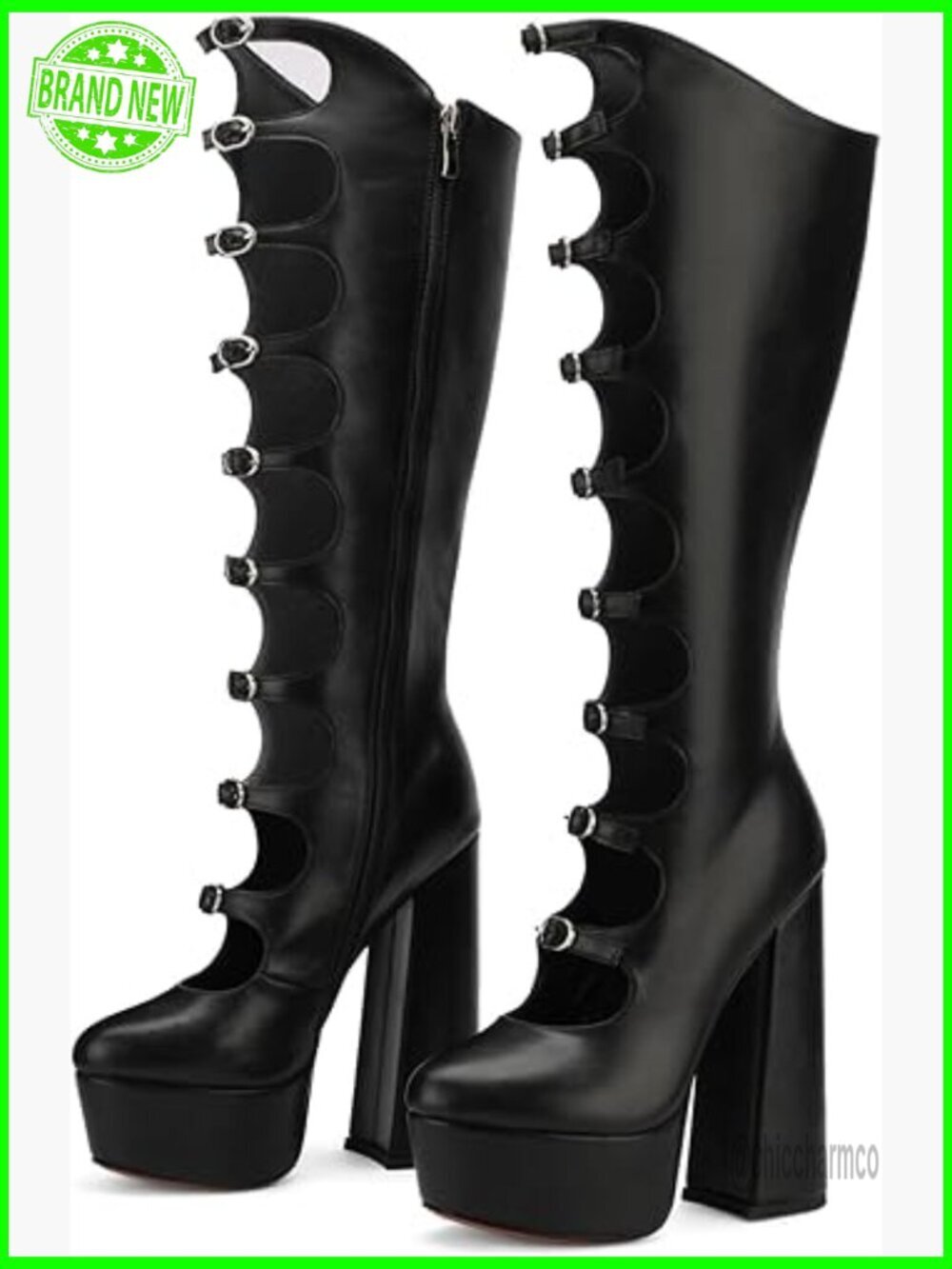 Platform Knee High Gothic Boots Chunky Heel Patent Leather Zip